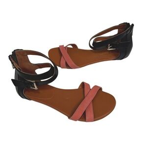 Rebecca Minkoff Black Coral Leather Ankle‎ Strap Flat Sandals Womens 6M